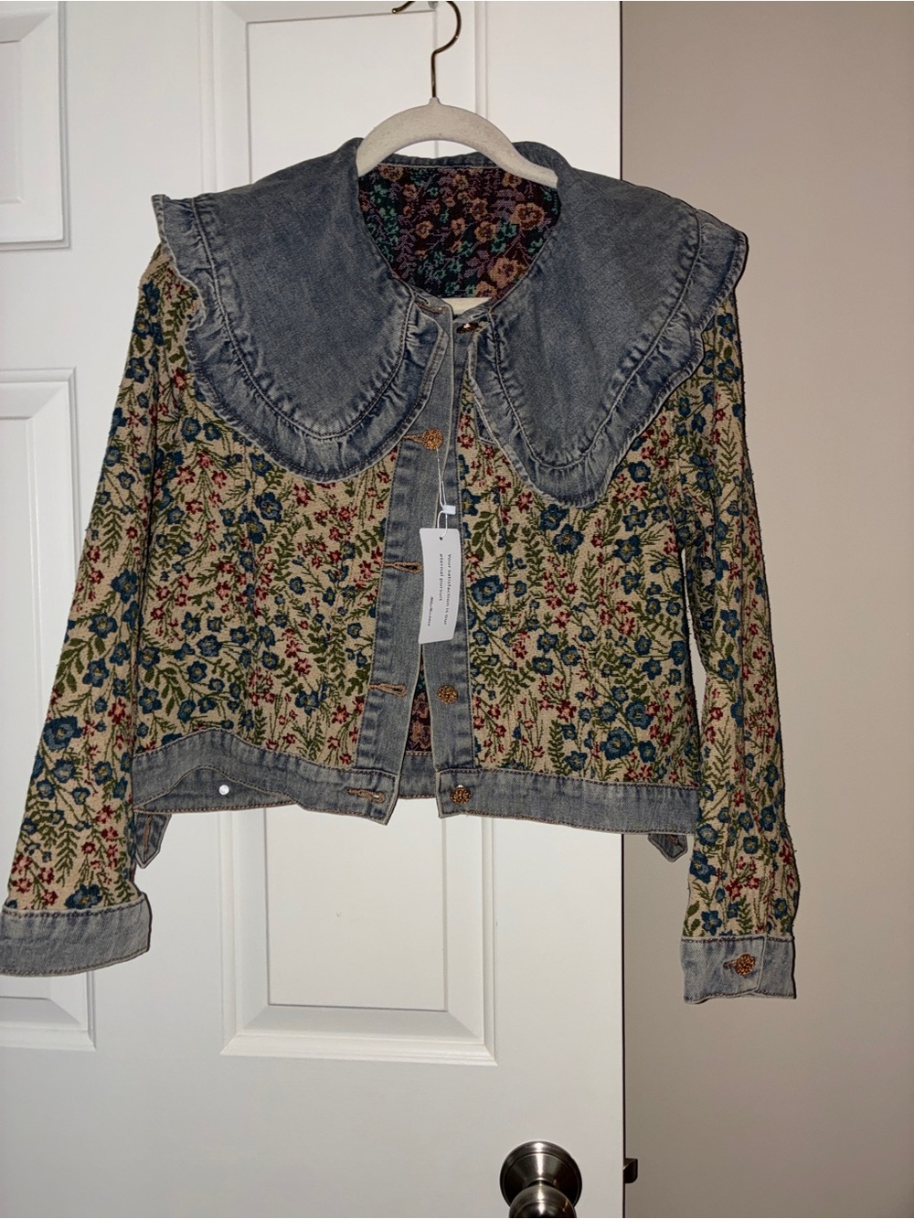 NWT Cottagecore cropped floral jacquard denim jacket Peter Pan collar